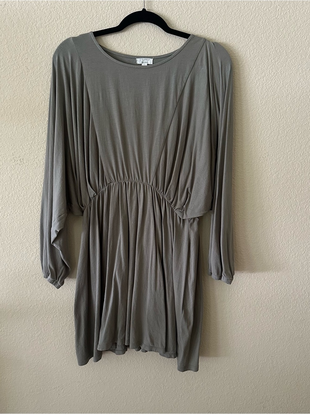 Z Supply Taupe Long Sleeve Gathered-Waist Dress 100% Cotton size Large